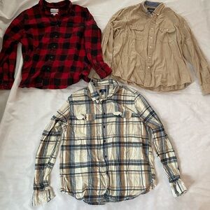 Men's Button Up Long Sleeve Flannel Red/Black, Tan, and Plaid Shirt Trio, Size L